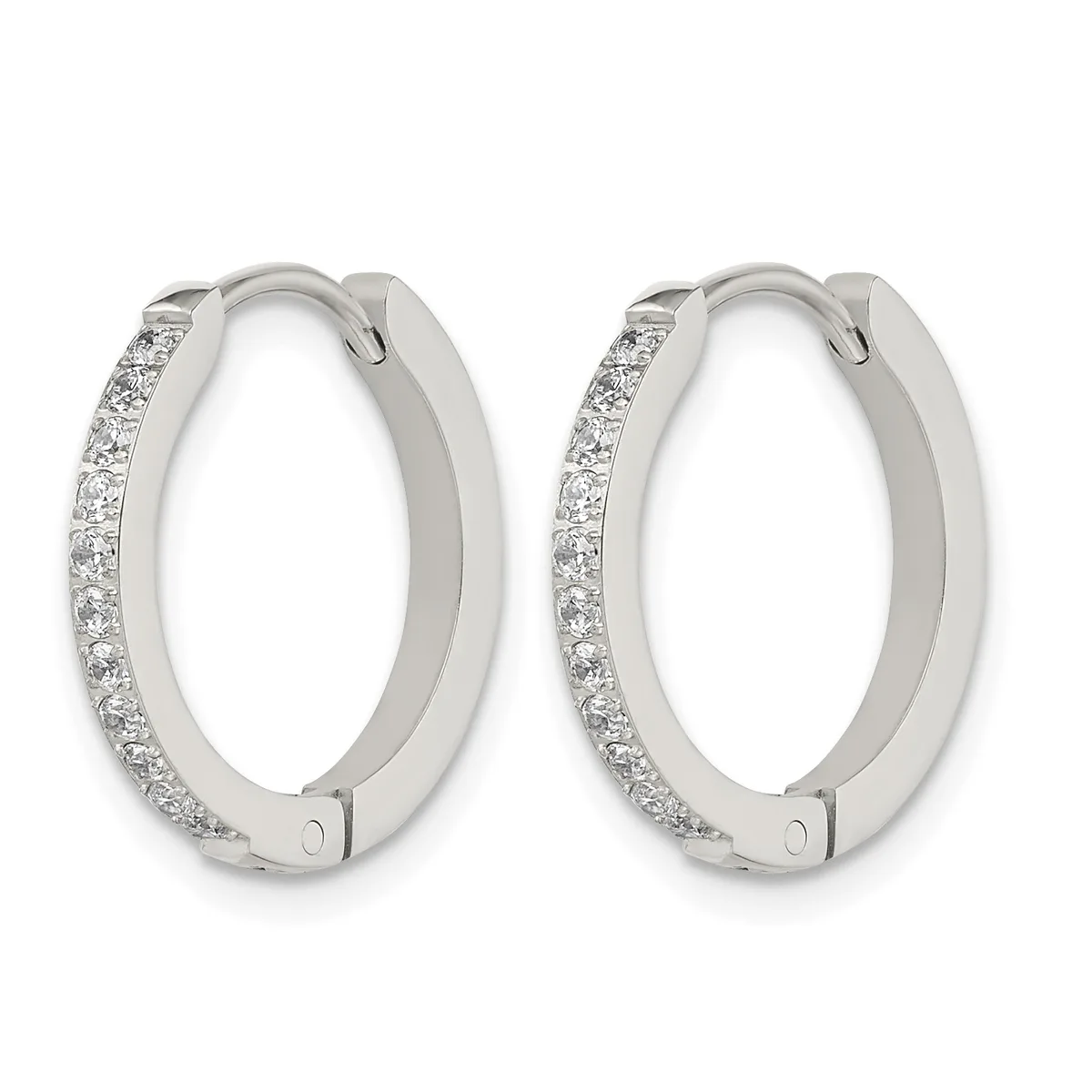 A pair of silver hoop earrings with diamond-set outer surfaces and plain polished inner surfaces, shown against a white background.
