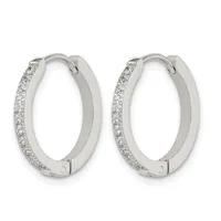 A pair of silver hoop earrings with diamond-set outer surfaces and plain polished inner surfaces, shown against a white background.