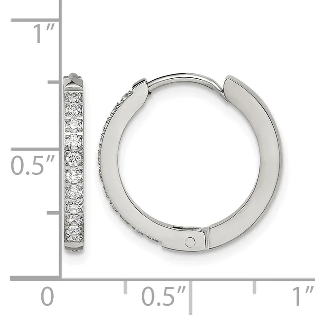Silver-toned hoop earrings with round diamond accents displayed next to a ruler showing approximately one inch in height and half inch in width.