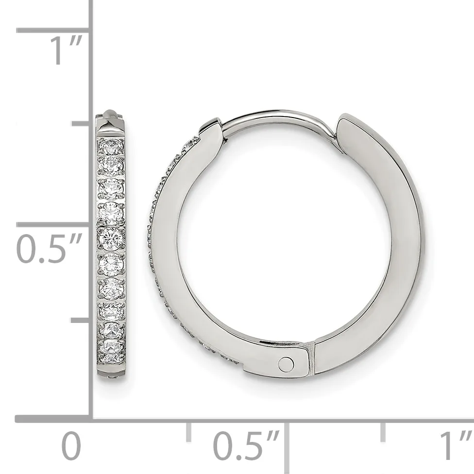 Silver-toned hoop earrings with round diamond accents displayed next to a ruler showing approximately one inch in height and half inch in width.