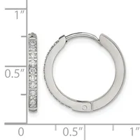 Silver-toned hoop earrings with round diamond accents displayed next to a ruler showing approximately one inch in height and half inch in width.