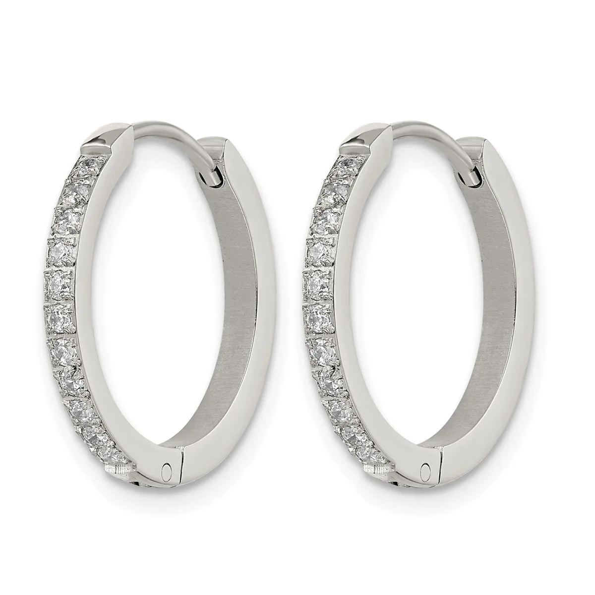 A pair of silver hoop earrings with diamond pavé settings along the outer edges and hinged closures.