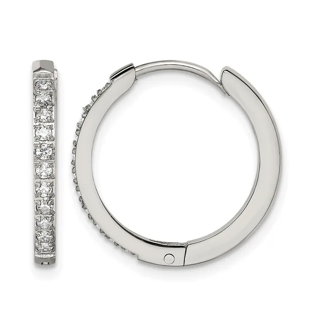 A pair of silver hoop earrings with hinged closures, featuring a continuous line of round brilliant diamonds set along the outer edge.