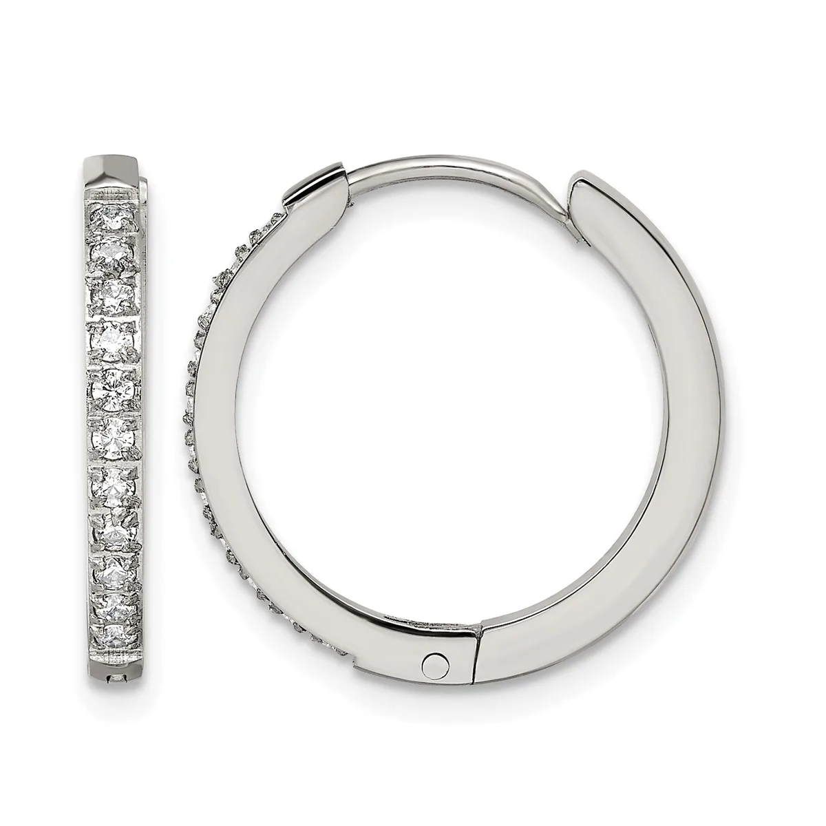 A pair of silver hoop earrings with hinged closures, featuring a continuous line of round brilliant diamonds set along the outer edge.