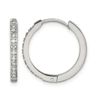 A pair of silver hoop earrings with hinged closures, featuring a continuous line of round brilliant diamonds set along the outer edge.
