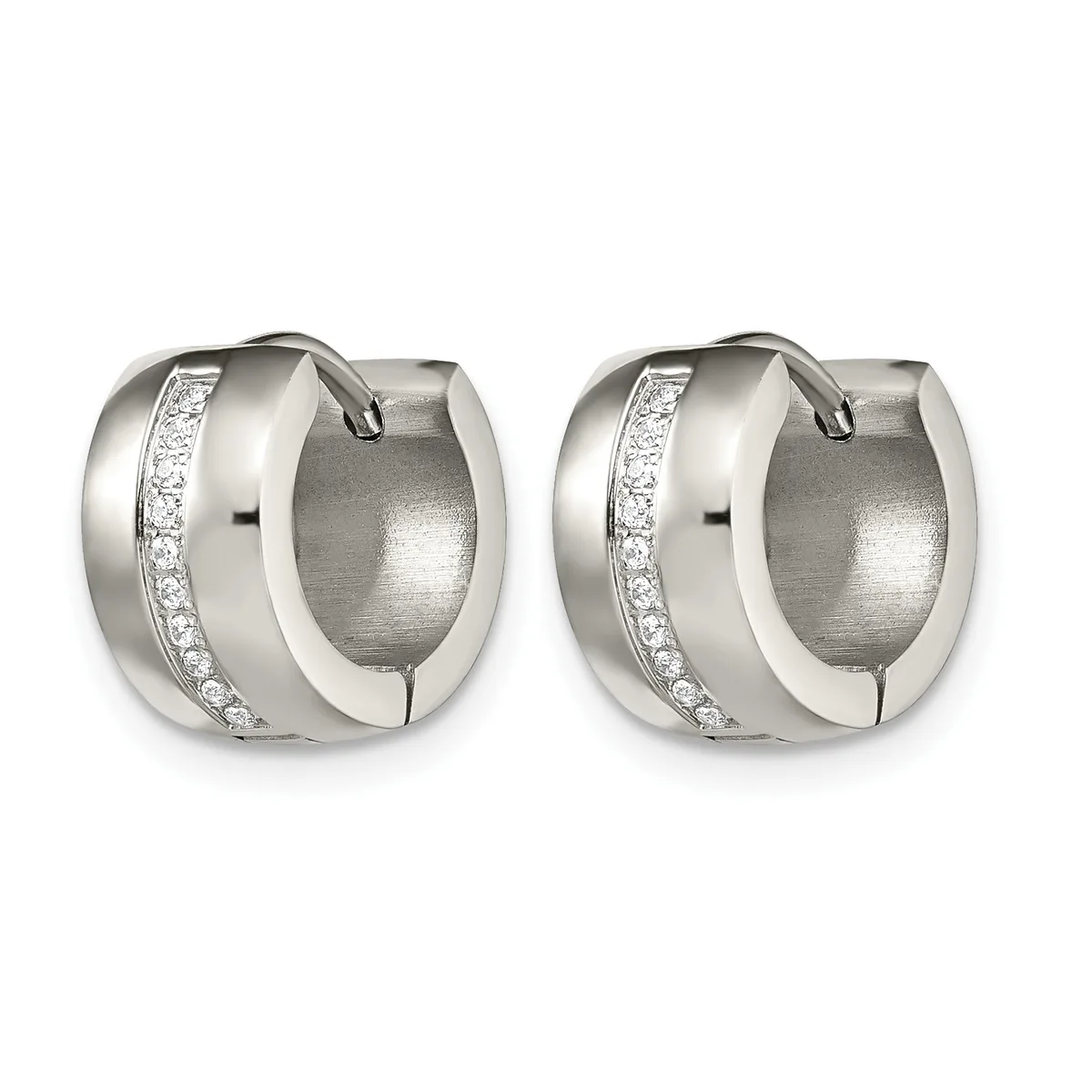 A pair of polished silver chunky hoop earrings with a diagonal inlay of small round diamonds or cubic zirconia stones running along one side, shown from the front.