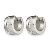 A pair of polished silver chunky hoop earrings with a diagonal inlay of small round diamonds or cubic zirconia stones running along one side, shown from the front.