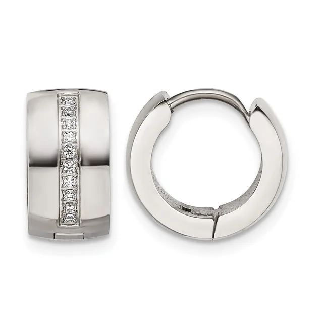 A pair of polished silver huggie hoop earrings with a channel of round diamonds set vertically down the front, shown from front and side views.