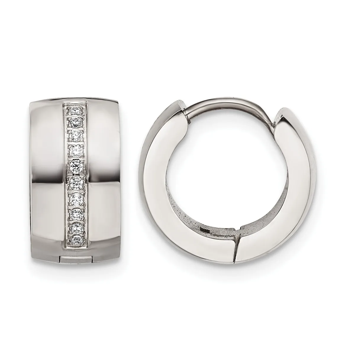 A pair of polished silver huggie hoop earrings with a channel of round diamonds set vertically down the front, shown from front and side views.