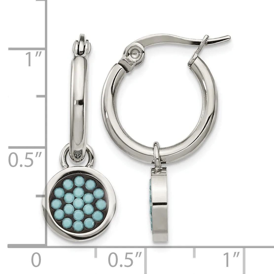 Pair of silver-tone hoop earrings with turquoise bead accents shown next to a measurement scale.
