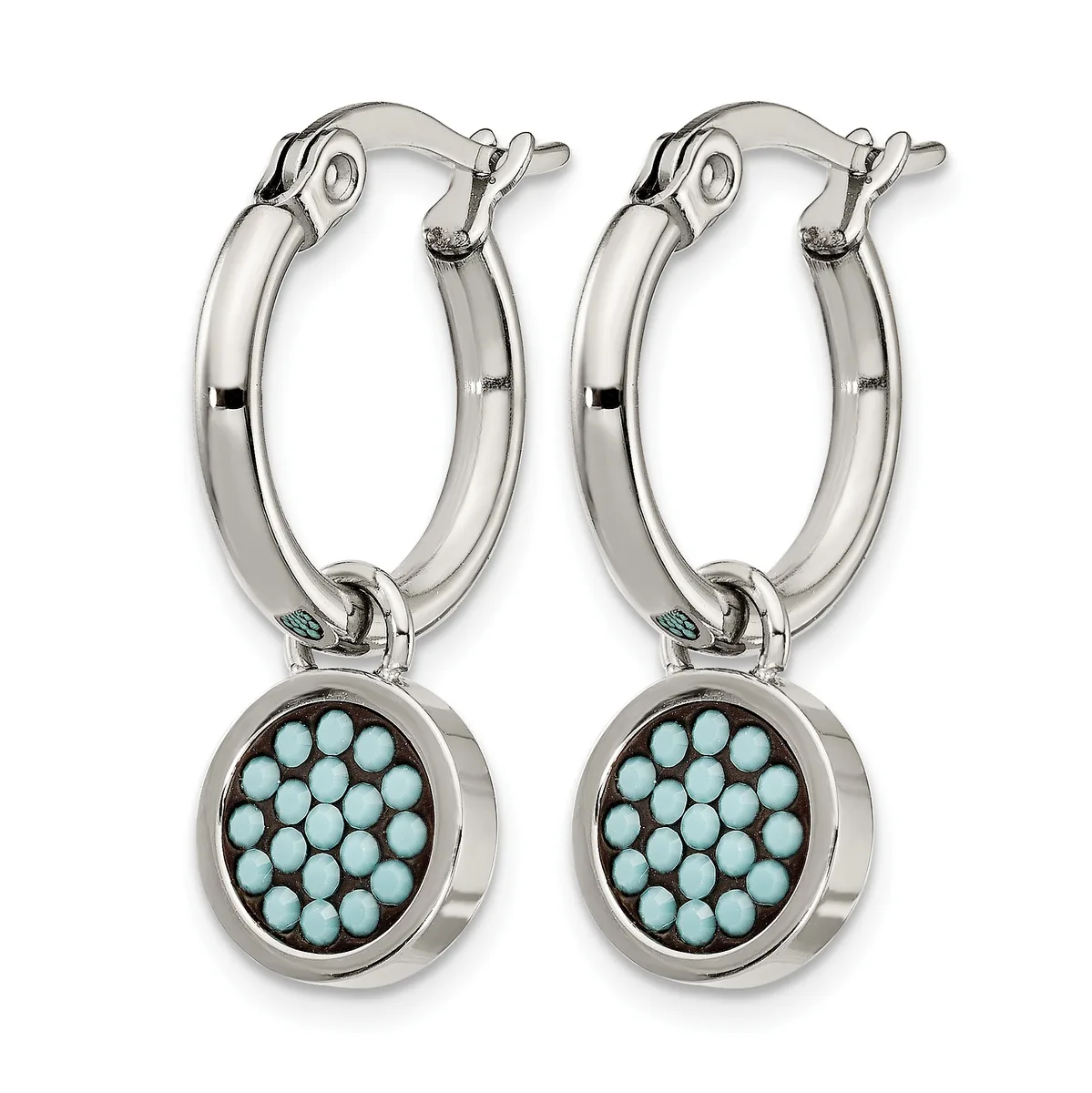 Pair of silver hoop earrings with turquoise stone disc charms hanging from the bottom.
