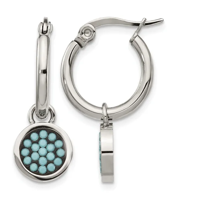 Pair of silver-tone hoop earrings with detachable circular charms filled with light blue beads, shown from front and side views.