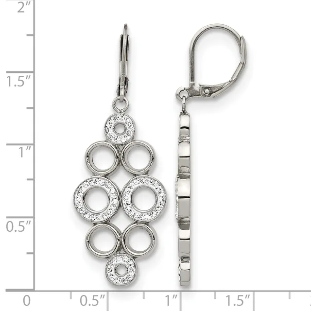 Silver-tone dangle earrings with leverback closures featuring circular crystal-accented frames arranged in a geometric pattern, shown on a measurement scale.