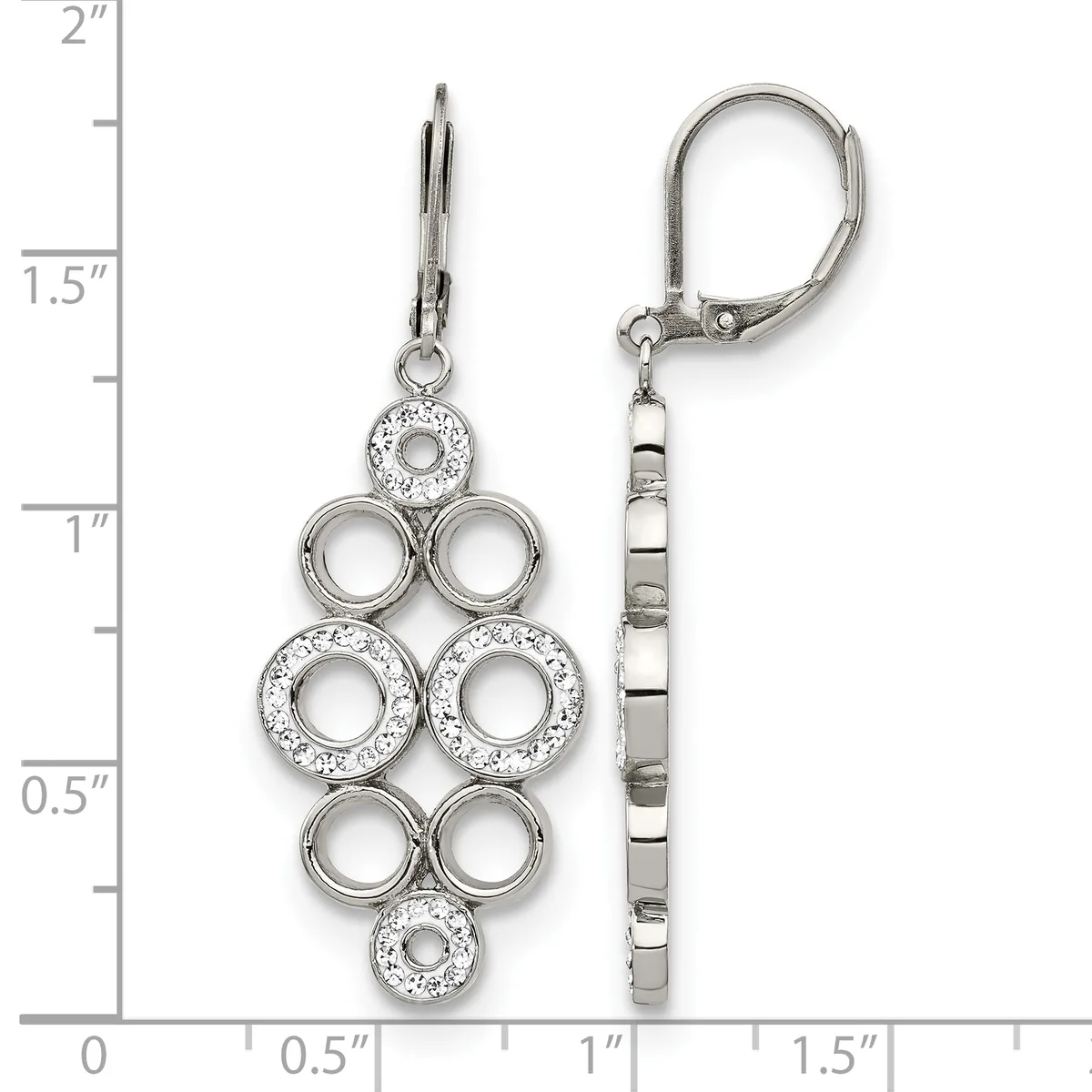 Silver-tone dangle earrings with leverback closures featuring circular crystal-accented frames arranged in a geometric pattern, shown on a measurement scale.
