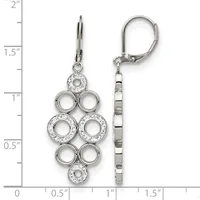 Silver-tone dangle earrings with leverback closures featuring circular crystal-accented frames arranged in a geometric pattern, shown on a measurement scale.