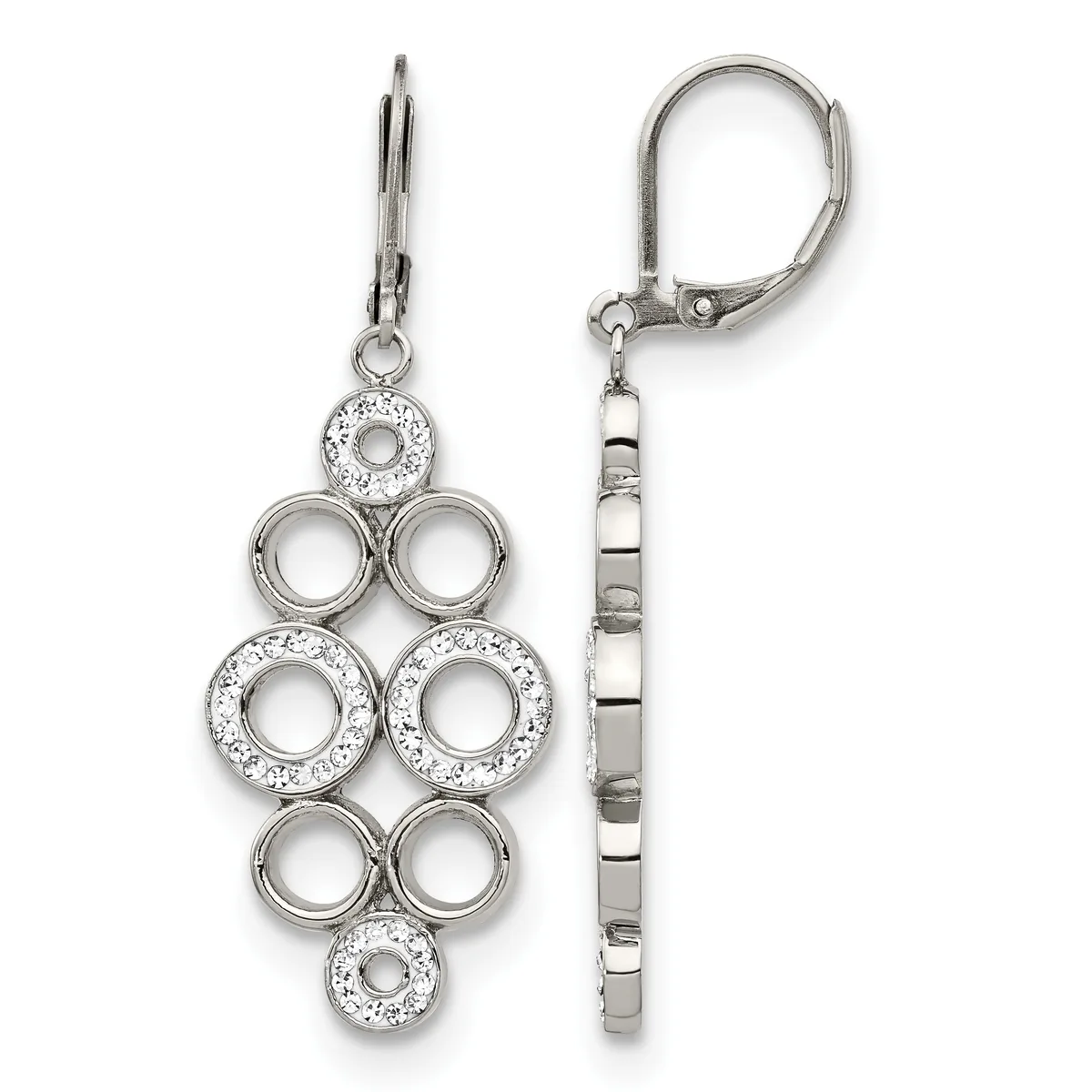 Silver dangle earrings with lever backs featuring circular open links and crystal-accented rings arranged in a geometric pattern.