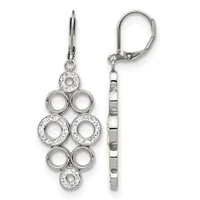 Silver dangle earrings with lever backs featuring circular open links and crystal-accented rings arranged in a geometric pattern.