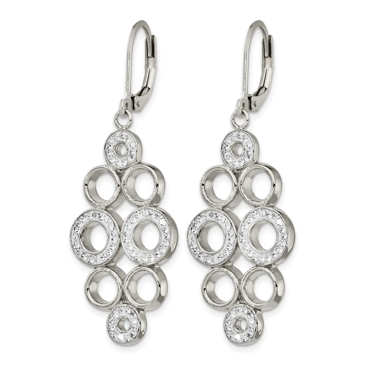 Pair of silver-tone chandelier earrings with lever backs, featuring stacked circular open rings embellished with small crystals throughout.