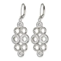 Pair of silver-tone chandelier earrings with lever backs, featuring stacked circular open rings embellished with small crystals throughout.