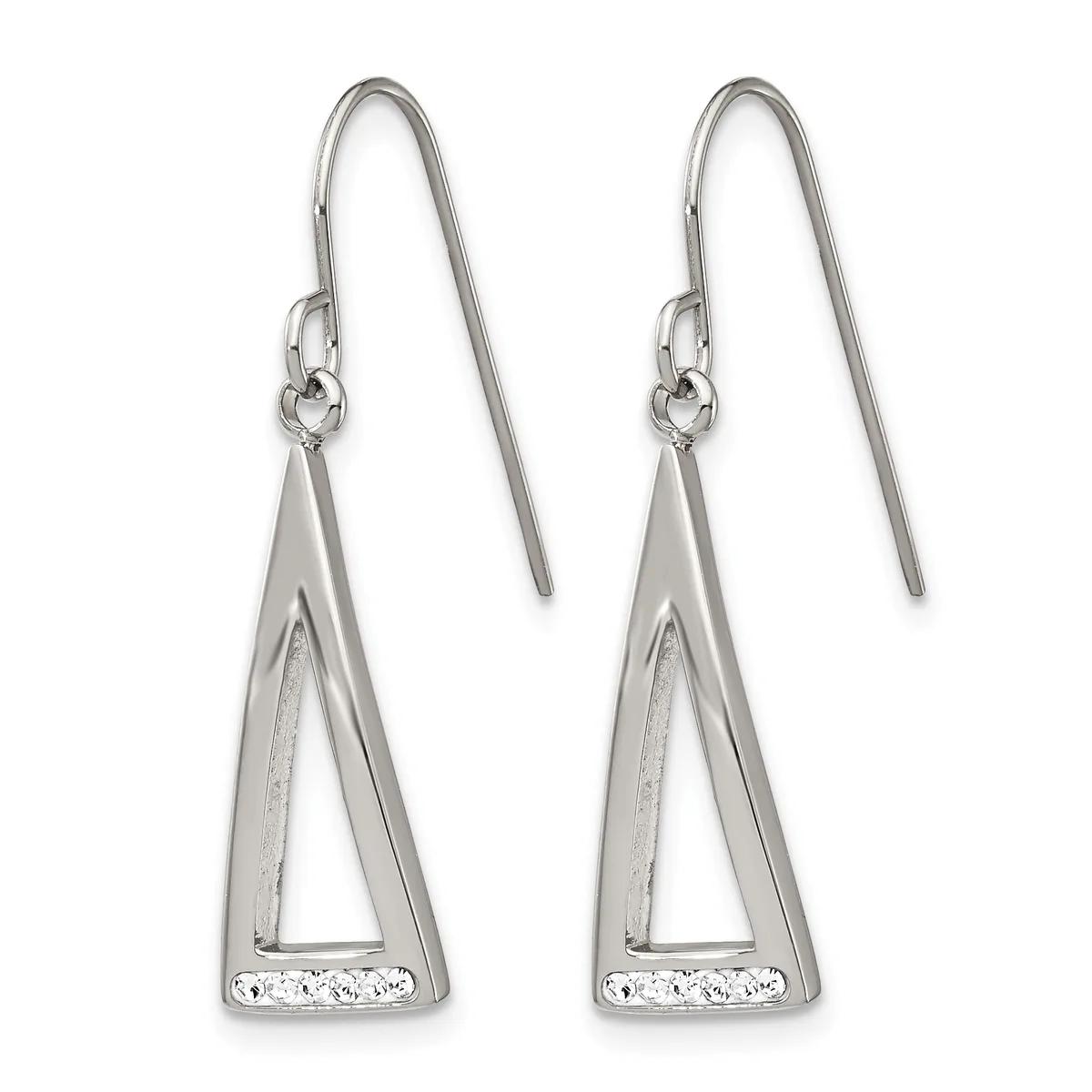 A pair of silver drop earrings with triangular frames featuring a sparkly inlaid base, suspended from matching silver ear wires.