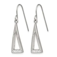 A pair of silver drop earrings with triangular frames featuring a sparkly inlaid base, suspended from matching silver ear wires.