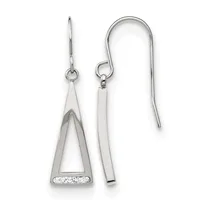 Pair of sterling silver drop earrings with curved hooks, featuring triangular pendants, one plain and one set with small round crystals.