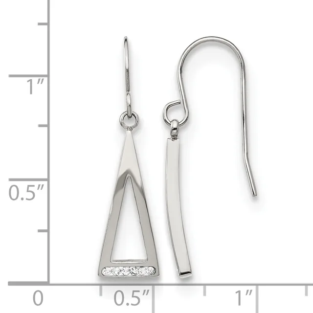 A pair of silver earrings with triangular pendants accented with small crystals, displayed next to a measurement ruler showing approximately one inch in length.
