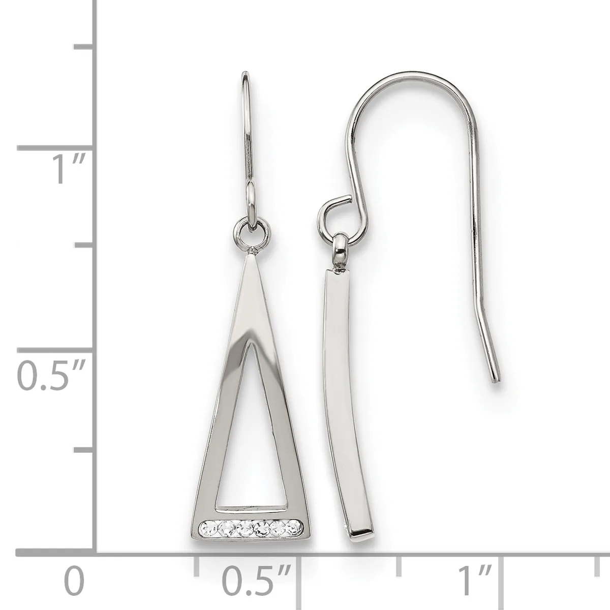 A pair of silver earrings with triangular pendants accented with small crystals, displayed next to a measurement ruler showing approximately one inch in length.