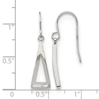 A pair of silver earrings with triangular pendants accented with small crystals, displayed next to a measurement ruler showing approximately one inch in length.