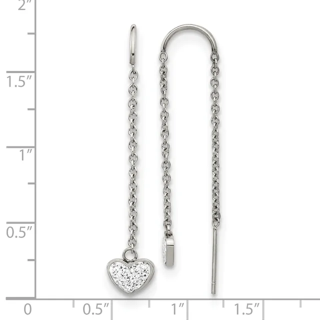 Silver threader earrings with delicate chain strands and a heart-shaped charm set with clear crystals, shown against a ruler measuring approximately two inches in length.