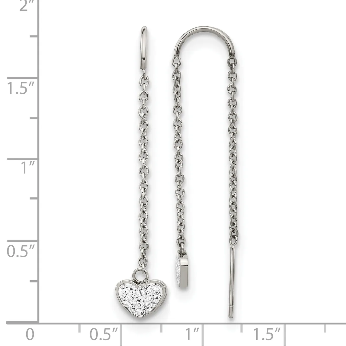 Silver threader earrings with delicate chain strands and a heart-shaped charm set with clear crystals, shown against a ruler measuring approximately two inches in length.