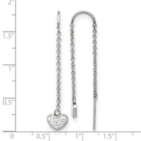 Silver threader earrings with delicate chain strands and a heart-shaped charm set with clear crystals, shown against a ruler measuring approximately two inches in length.