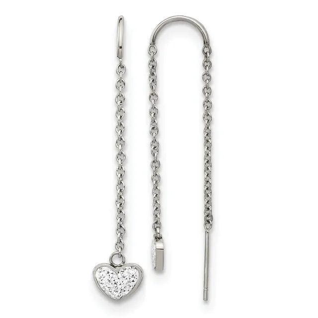 A pair of silver threader earrings with delicate chain strands, one featuring a heart-shaped pendant with glittery white stone inlay.