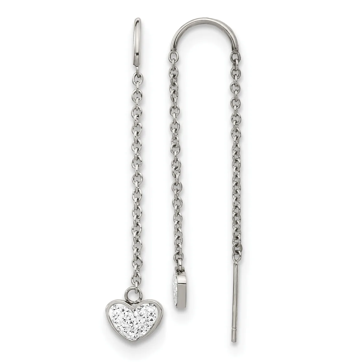 A pair of silver threader earrings with delicate chain strands, one featuring a heart-shaped pendant with glittery white stone inlay.