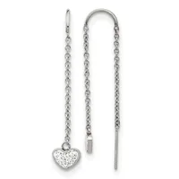 A pair of silver threader earrings with delicate chain strands, one featuring a heart-shaped pendant with glittery white stone inlay.