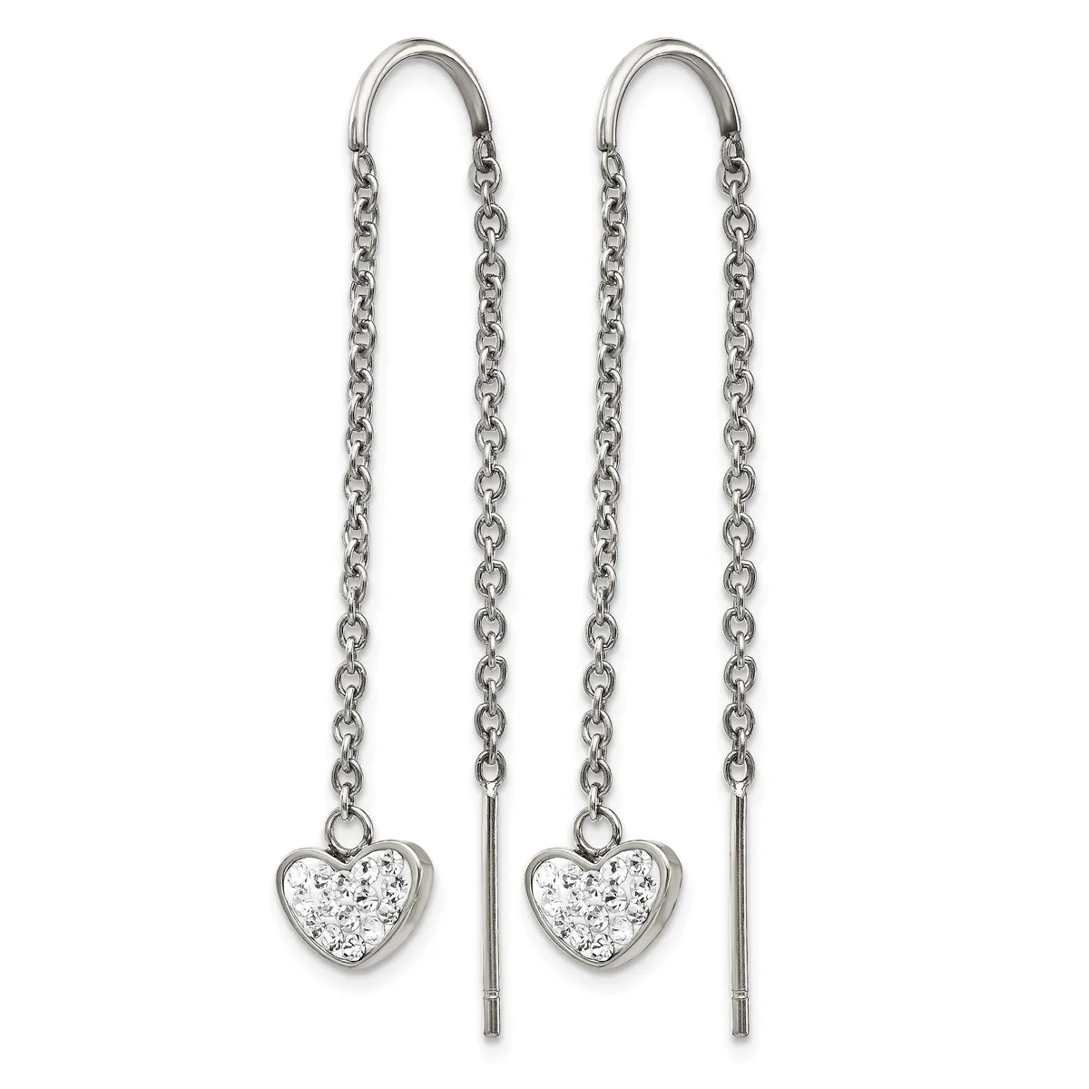 Pair of silver threader earrings with delicate chain strands suspended from curved ear hooks, each terminating in a small heart-shaped pendant set with sparkling crystals.