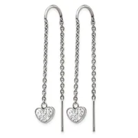 Pair of silver threader earrings with delicate chain strands suspended from curved ear hooks, each terminating in a small heart-shaped pendant set with sparkling crystals.