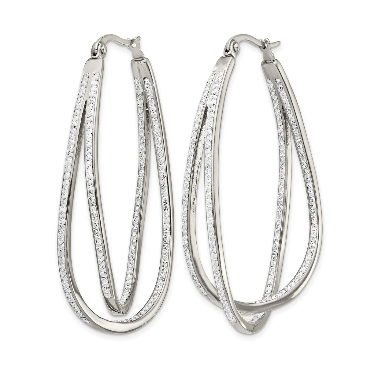 A pair of silver-toned double hoop earrings with glittery or textured surfaces, shown against a white background.