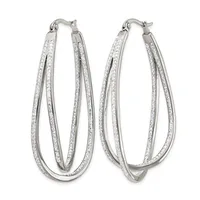 A pair of silver-toned double hoop earrings with glittery or textured surfaces, shown against a white background.