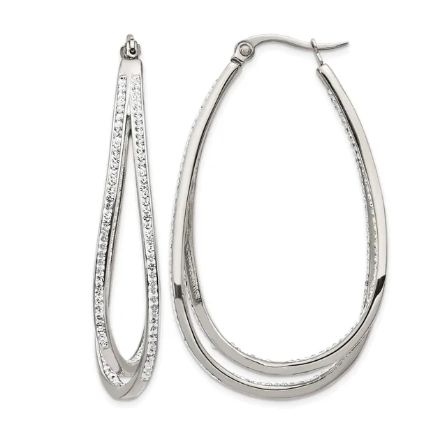 A pair of silver-toned oval hoop earrings with crystal or diamond embellishments along the inner and outer edges, displayed open and closed.