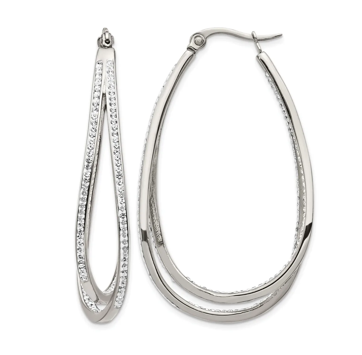 A pair of silver-toned oval hoop earrings with crystal or diamond embellishments along the inner and outer edges, displayed open and closed.
