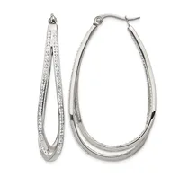 A pair of silver-toned oval hoop earrings with crystal or diamond embellishments along the inner and outer edges, displayed open and closed.