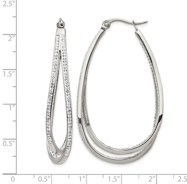 Two silver teardrop-shaped hoop earrings with crystal embellishments along the outer edges, shown next to a measurement scale.