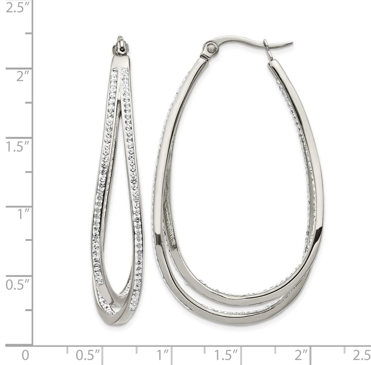 Two silver teardrop-shaped hoop earrings with crystal embellishments along the outer edges, shown next to a measurement scale.