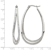 Two silver teardrop-shaped hoop earrings with crystal embellishments along the outer edges, shown next to a measurement scale.