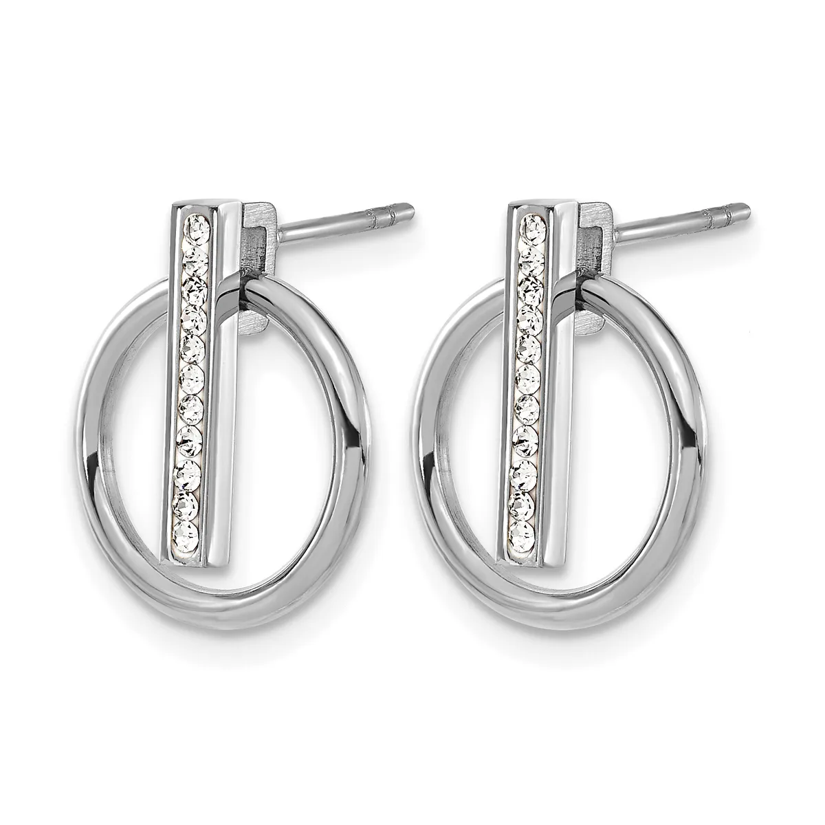 A pair of silver-tone oval hoop earrings with diamond-shaped crystal accents on vertical bar posts, shown from the front.