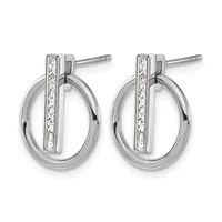 A pair of silver-tone oval hoop earrings with diamond-shaped crystal accents on vertical bar posts, shown from the front.