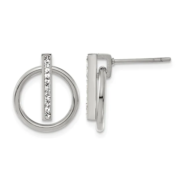 Pair of silver stud earrings with circular open frames and vertical bars set with diamonds, shown from front and side views.