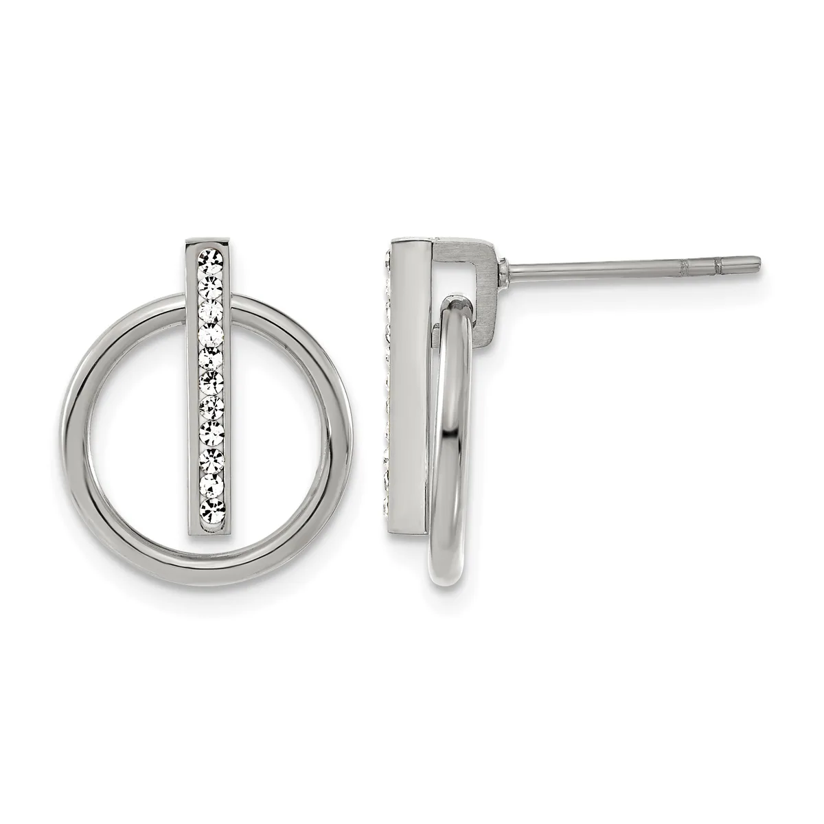 Pair of silver stud earrings with circular open frames and vertical bars set with diamonds, shown from front and side views.
