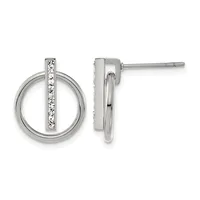Pair of silver stud earrings with circular open frames and vertical bars set with diamonds, shown from front and side views.